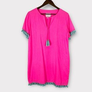Tuckernuck Sail to Sable Pink Pom Pom Tassel Gauzy Swim Cover Up Large
